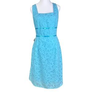 JTB Floral Sheath Dress Retro Blue Sz 10 Square Neck Cross Back Cotton Blend